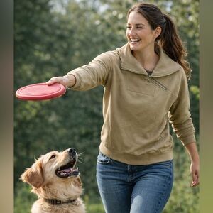 Khaki Quarter Zip Ribbed Pullover Sweatshirt by FISOEW Size M NWT